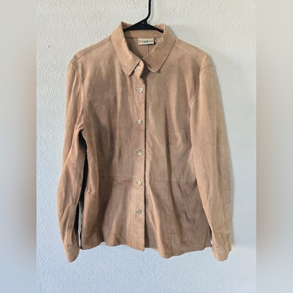 Travel Smith Suede Jacket Womens Size M Tan Long Sleeve Button Up Grunge - Picture 2 of 11